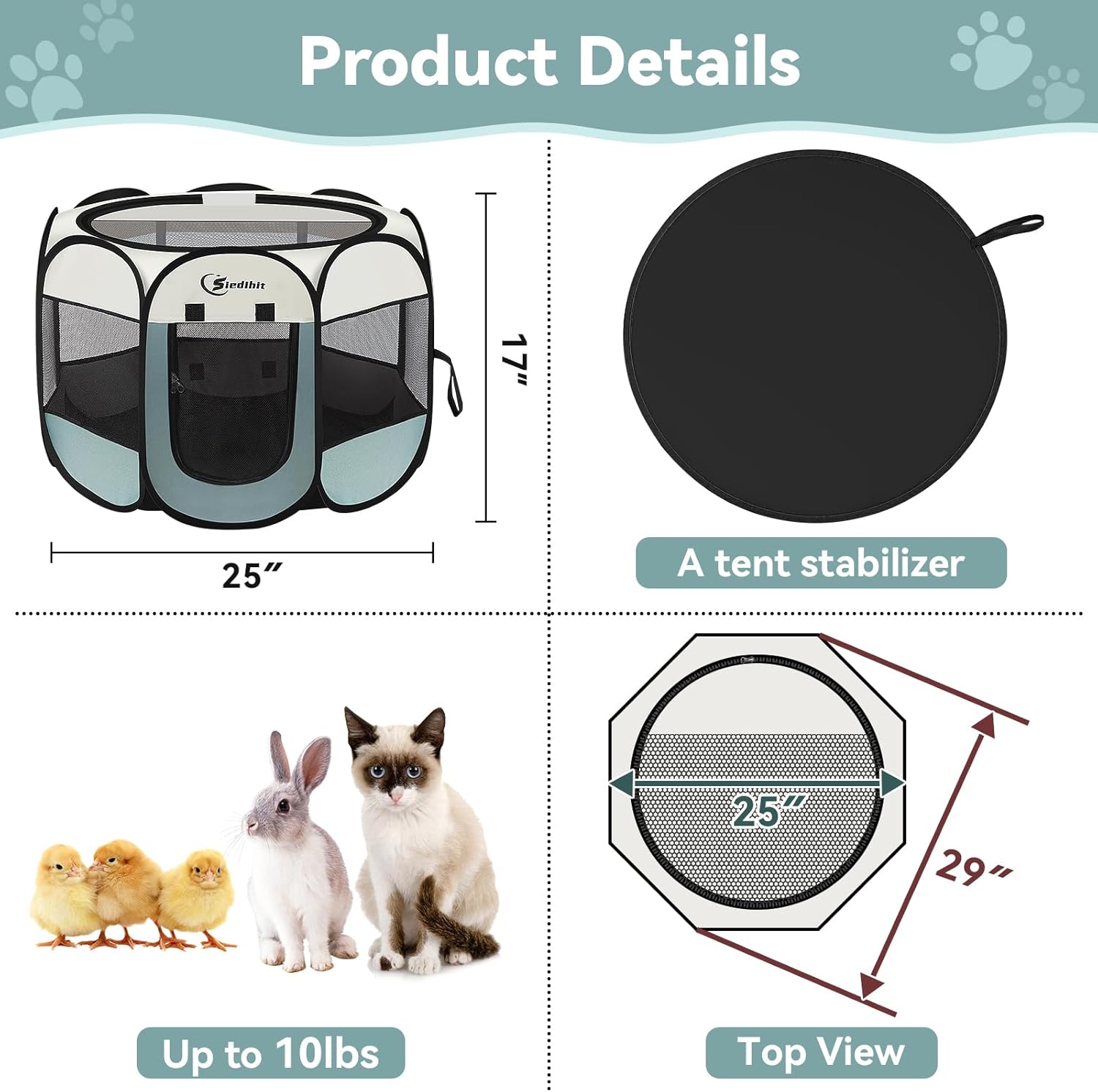 Siedihit Dog Cat Playpen, Puppy Pet Playpen Indoor for Small Dog Crate Tent Cage Outdoor, Portable Pop Up Dogs Enclosure Kennel with Carrying Case for Dogs/Cats/Rabbits(Grey, Small - Image 3