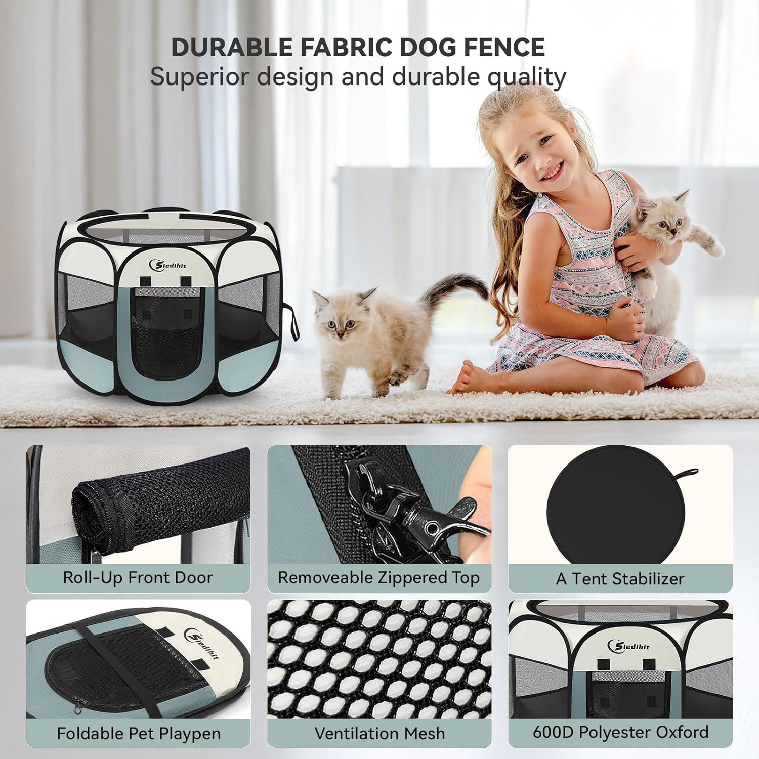 Siedihit Dog Cat Playpen, Puppy Pet Playpen Indoor for Small Dog Crate Tent Cage Outdoor, Portable Pop Up Dogs Enclosure Kennel with Carrying Case for Dogs/Cats/Rabbits(Grey, Small - Image 6
