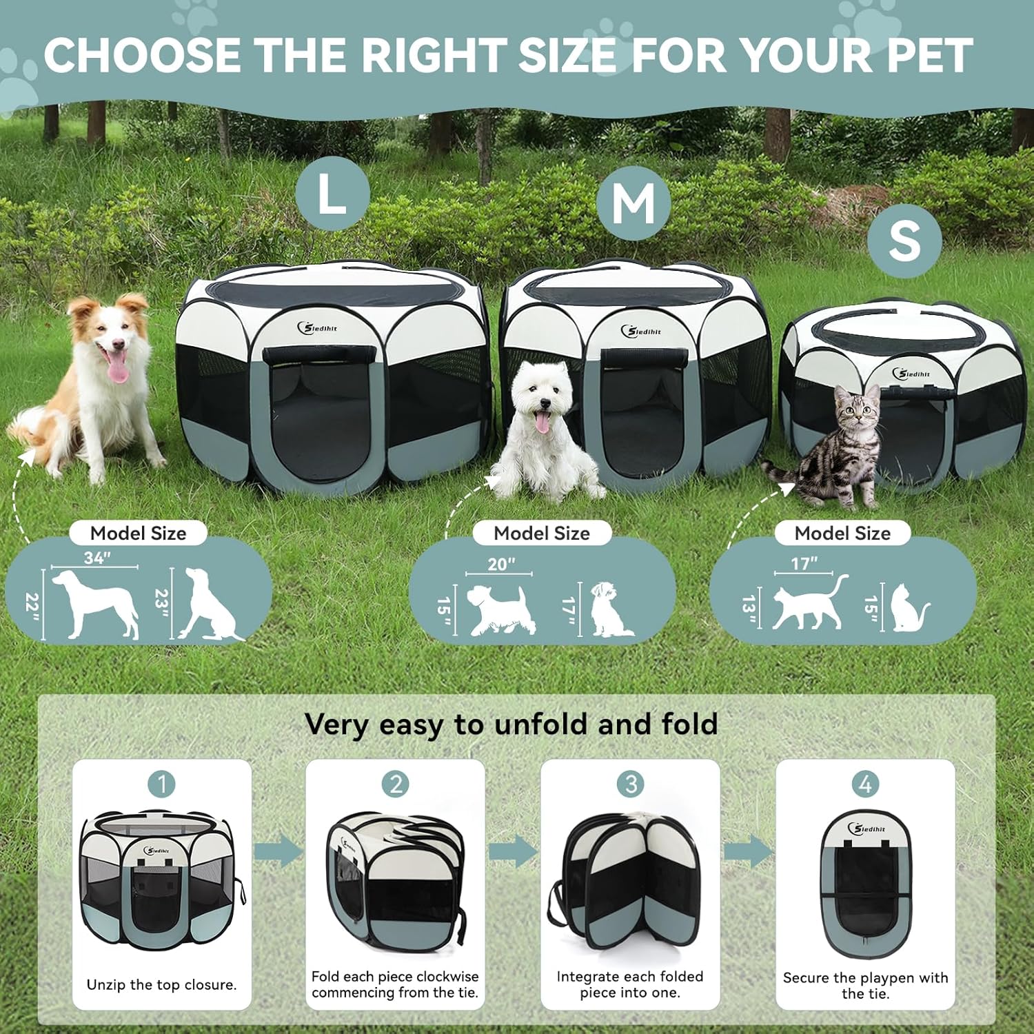 Siedihit Dog Cat Playpen, Puppy Pet Playpen Indoor for Small Dog Crate Tent Cage Outdoor, Portable Pop Up Dogs Enclosure Kennel with Carrying Case for Dogs/Cats/Rabbits(Grey, Small - Image 8