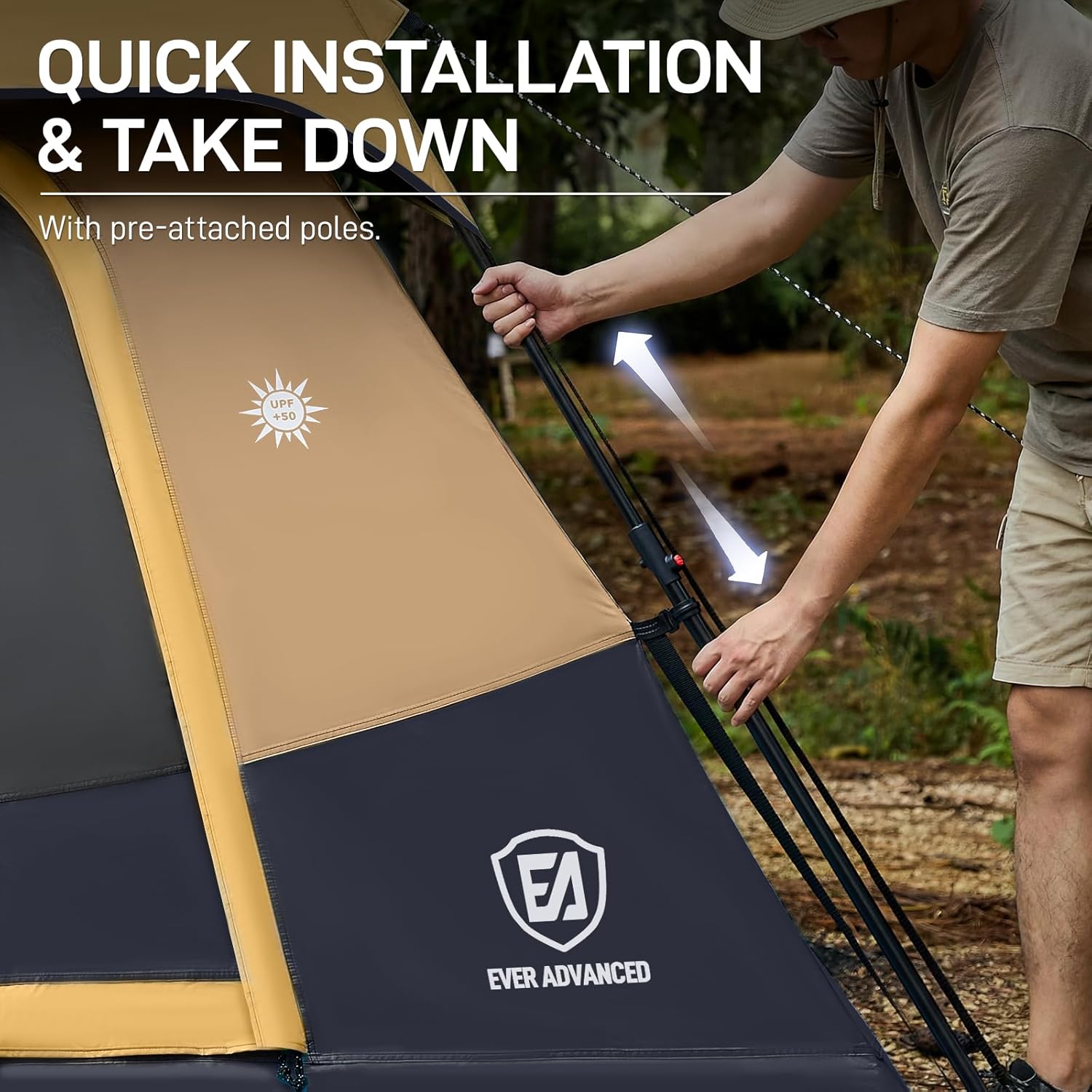 EVER ADVANCED 4 Person Blackout Camping Tent, 60s Easy Setup Instant Cabin Tent for Family, 4000mm Water-Resistant & UV Protection Light-Blocking Tent with Rainfly for Outdoor Travel, 8' x 7' x 59" - Image 3